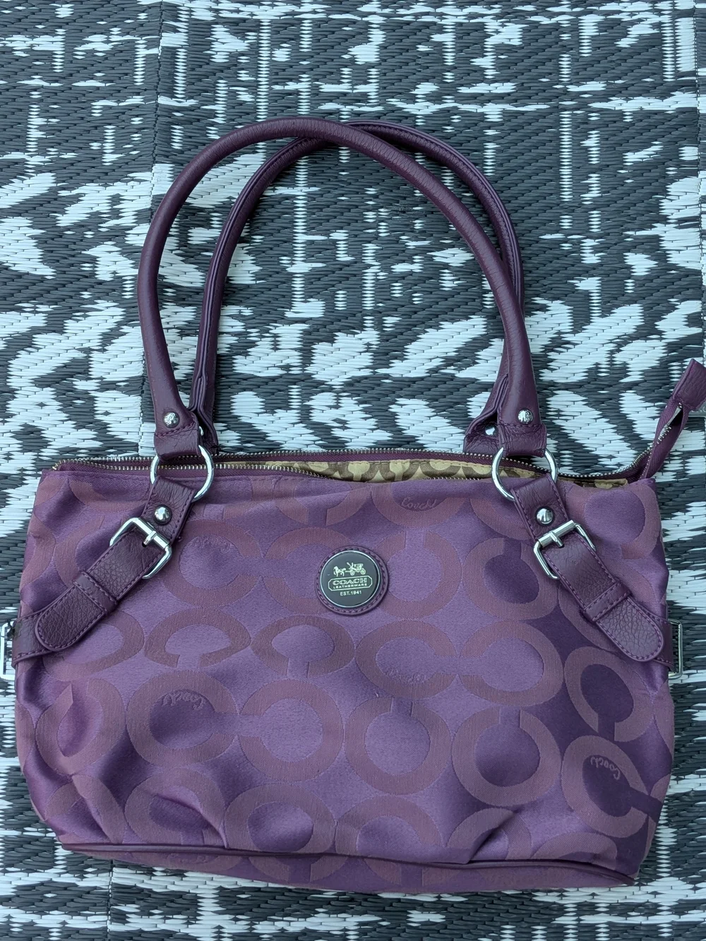 Vintage Coach Penelope Signature Shoulder Bag Plum Purple Khaki Canvas 14422